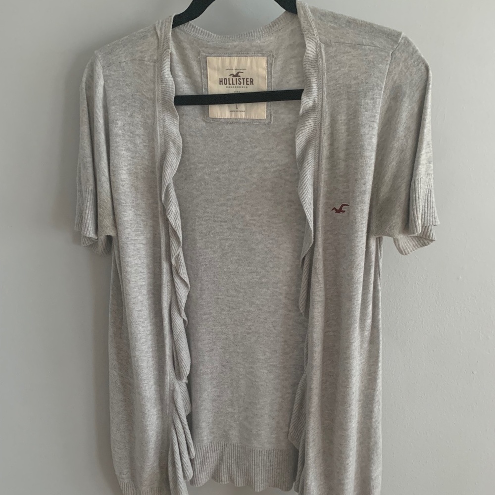 Hollister Light Gray Short Sleeves Ruffles Cardigan Sweater, Women's Large